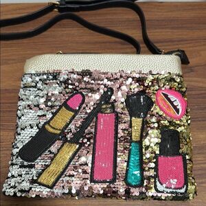 Milly Sequin Sparkle Zipper Top Clutch Bag with Detachable Strap.